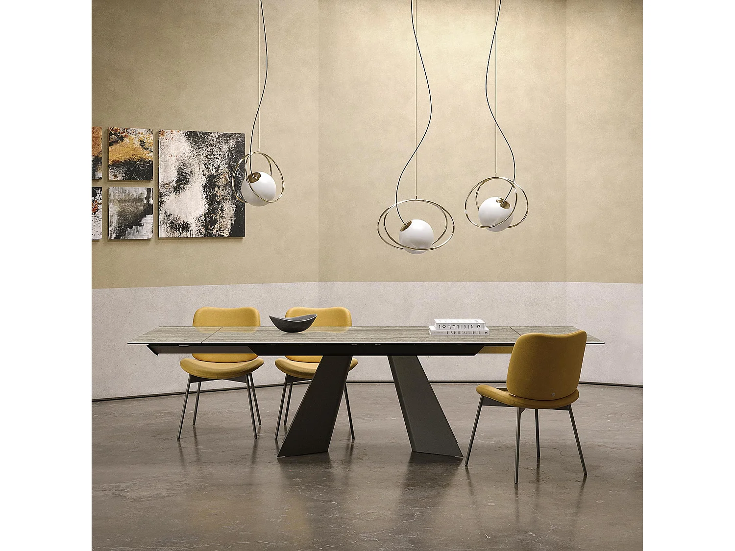 Table double travertin extensible - gris charbon, rectangulaire avec bord régulier, grès travertin argenté