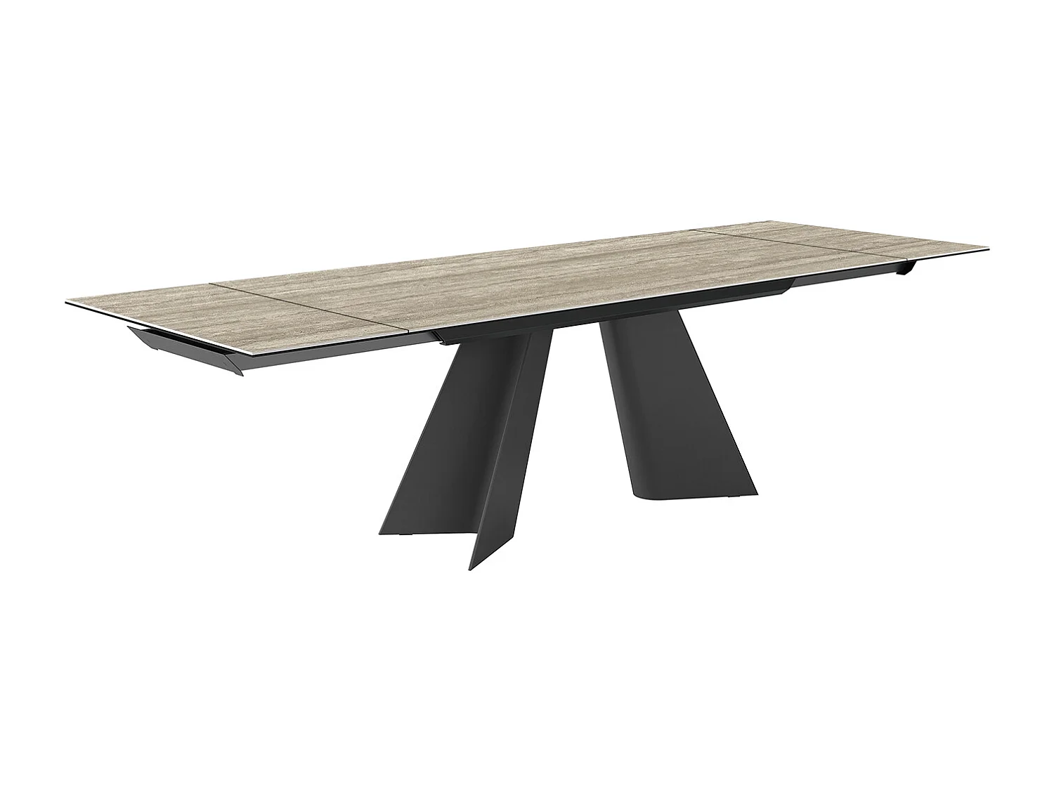 Table double travertin extensible - gris charbon, rectangulaire avec bord régulier, grès travertin argenté