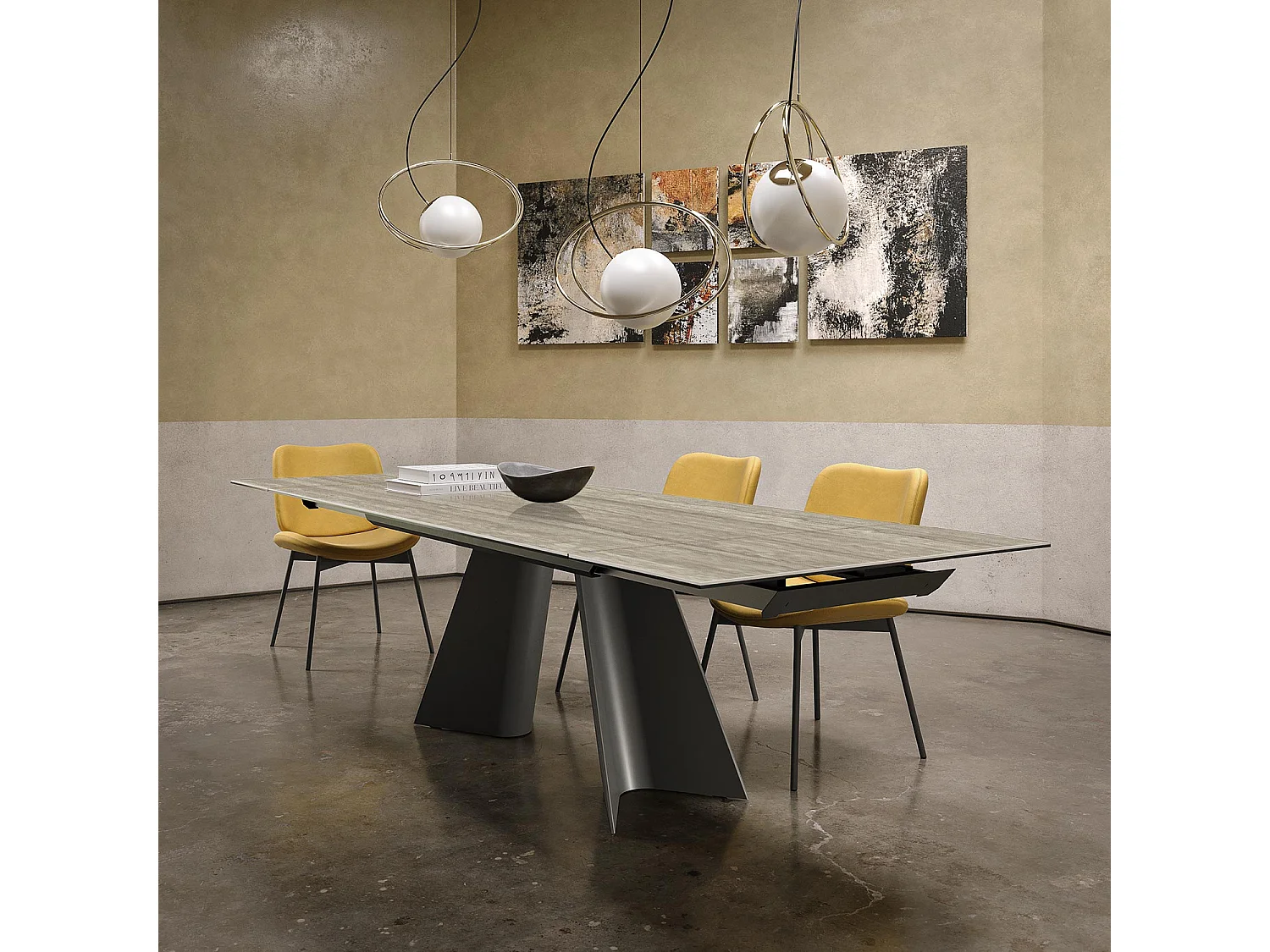 Table double travertin extensible - gris charbon, rectangulaire avec bord régulier, grès travertin argenté