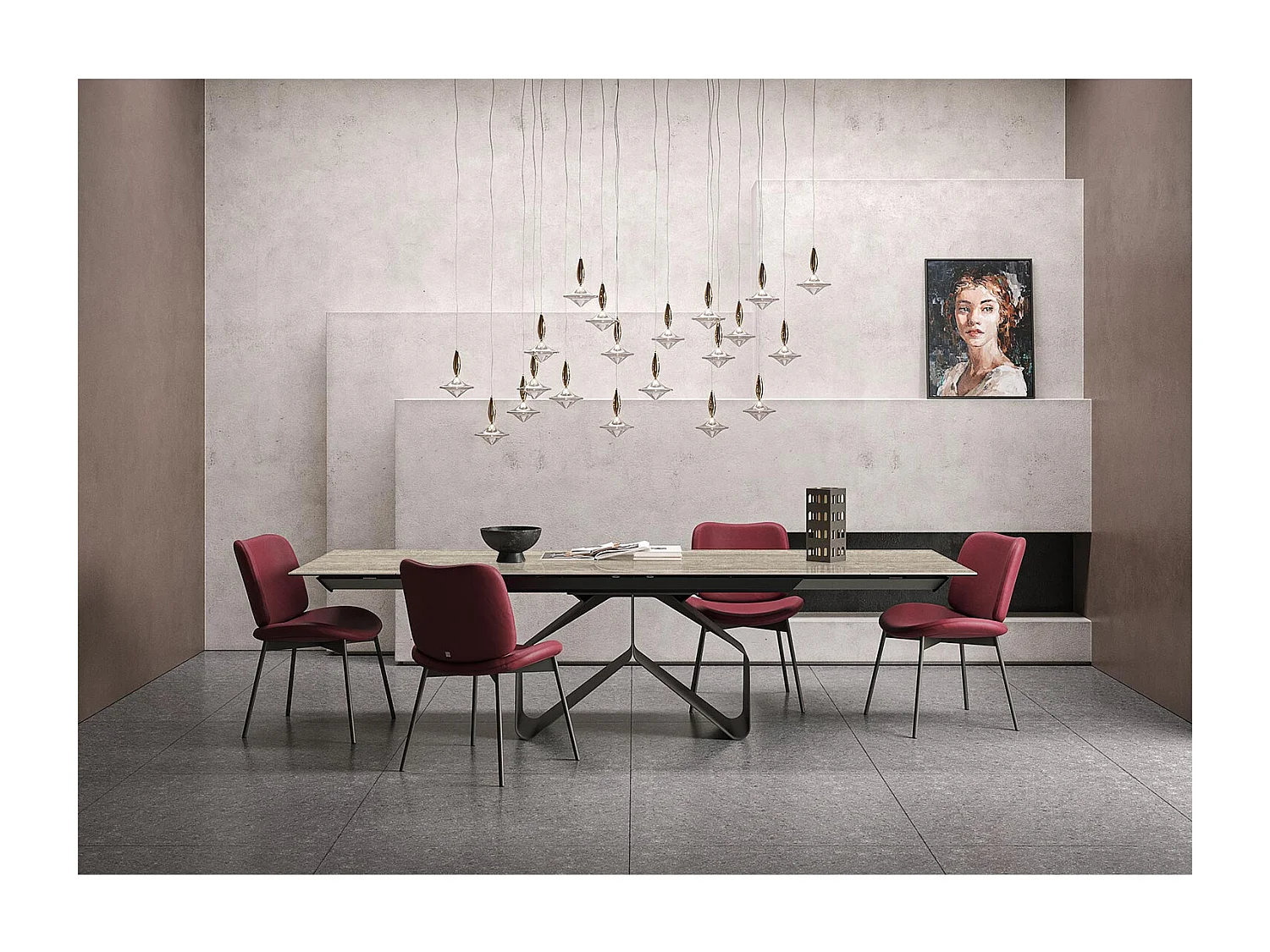 Table extensible en travertin ruban - gris charbon, rectangulaire avec bord régulier, grès en travertin argenté