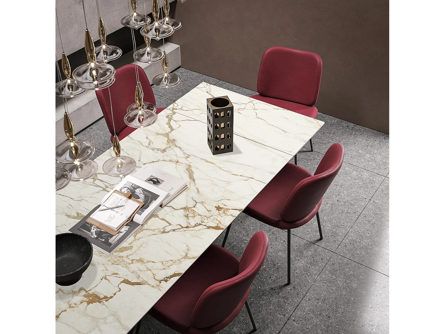 Table extensible ruban - gris charbon, rectangulaire avec bord régulier, plateau en porcelaine macchiavecchia mate