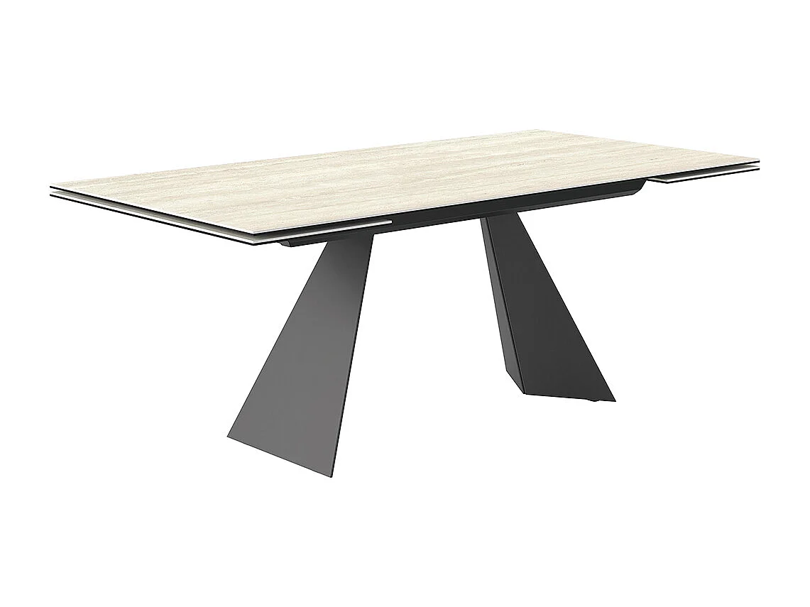 Table extensible en travertin prisma - gris charbon, rectangulaire avec bord régulier, grès travertin blanc