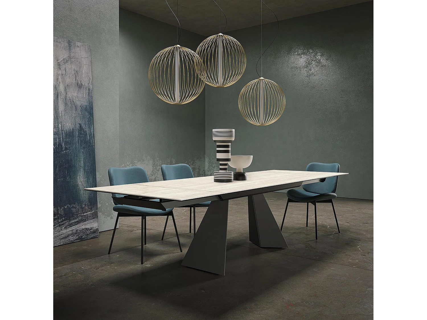 Table extensible en travertin prisma - gris charbon, rectangulaire avec bord régulier, grès travertin blanc