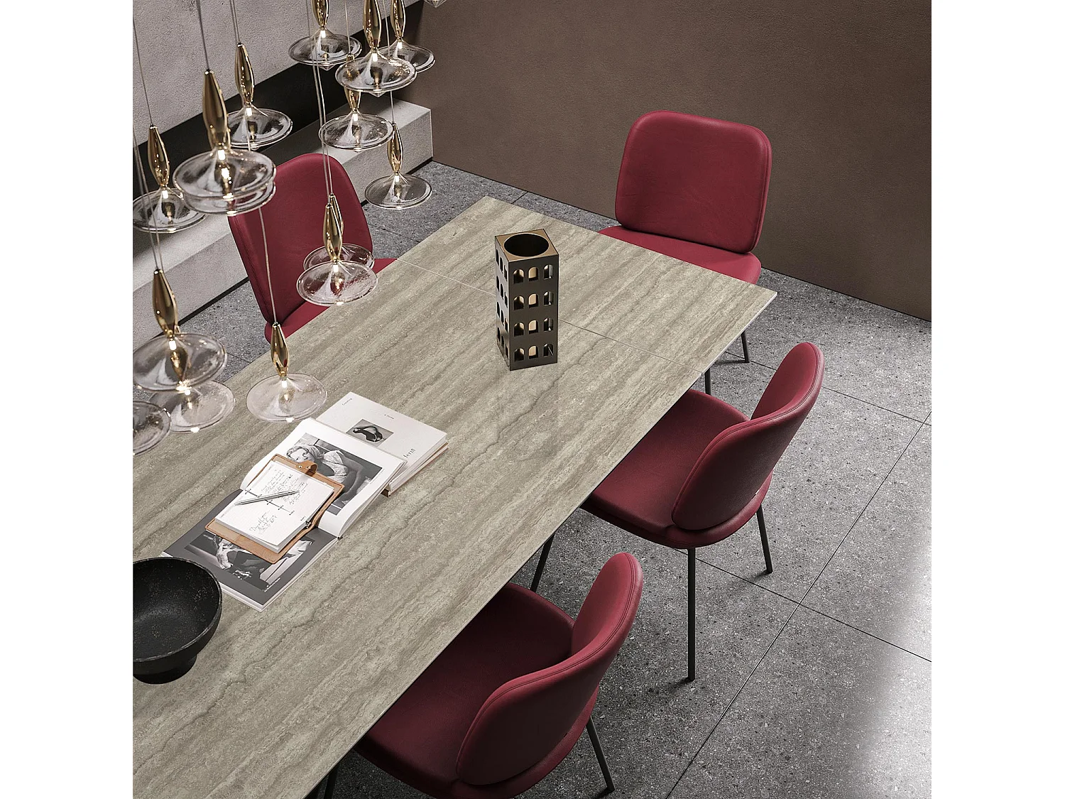 Table extensible en travertin ruban - gris charbon, rectangulaire avec bord régulier, grès en travertin argenté
