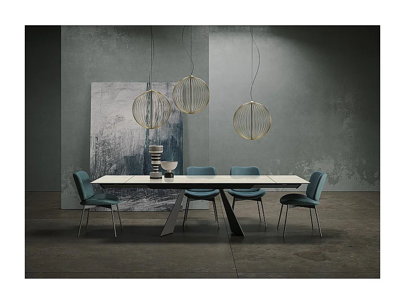 Table extensible en travertin prisma - gris charbon, rectangulaire avec bord régulier, grès travertin blanc