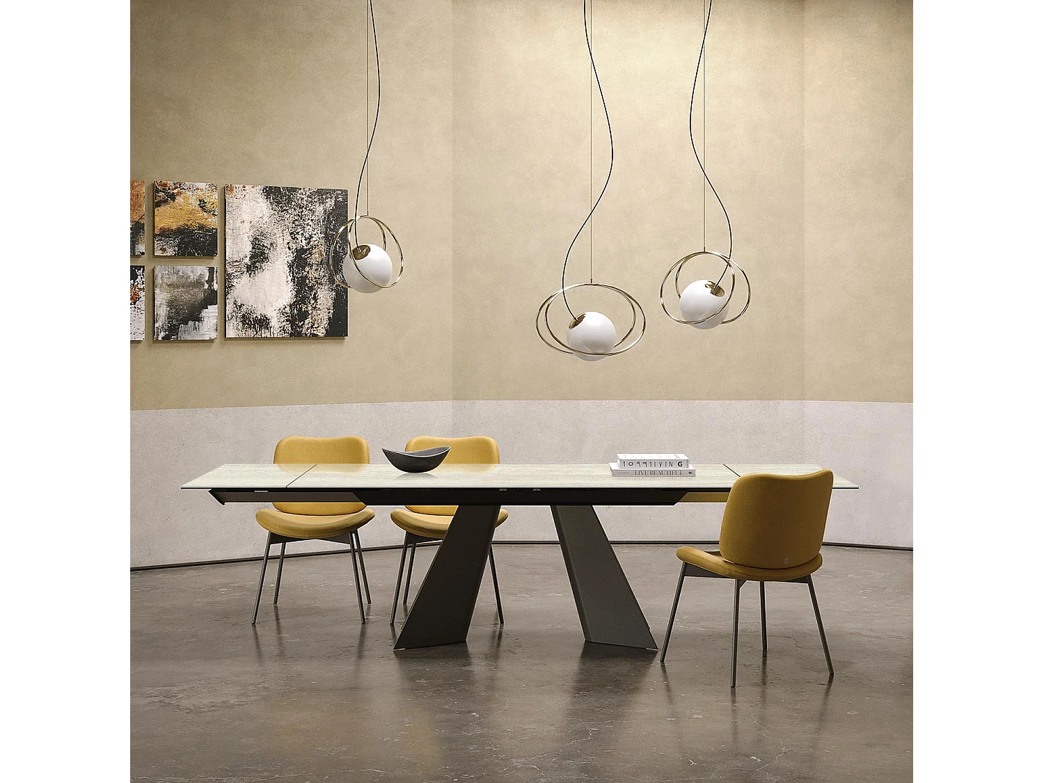 Table double travertin extensible - gris charbon, rectangulaire avec bord régulier, grès blanc en travertin