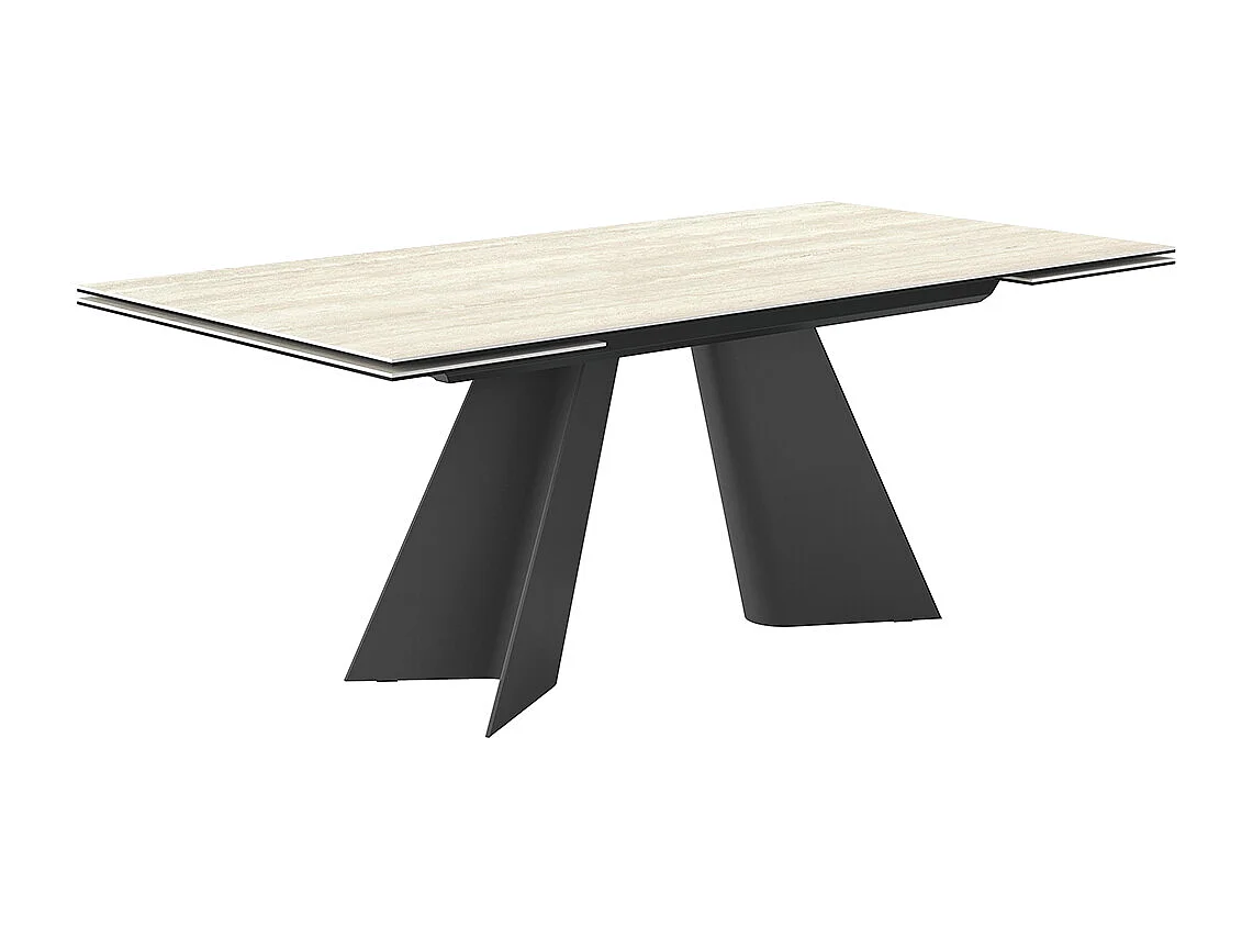 Table double travertin extensible - gris charbon, rectangulaire avec bord régulier, grès blanc en travertin