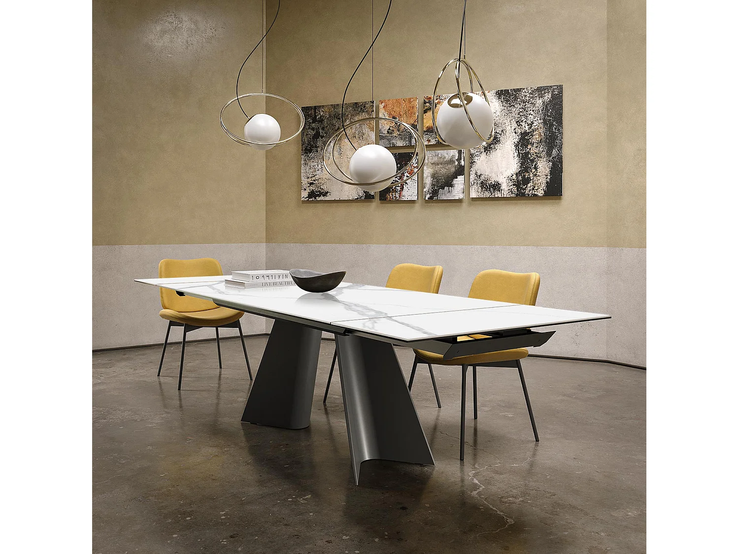 Table double extensible - gris charbon, rectangulaire avec bord régulier, plateau en grès porcel. statuaires très élevées