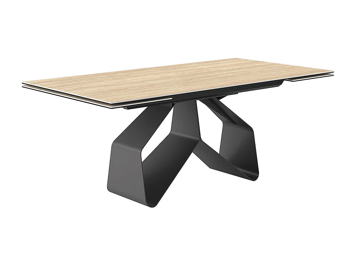 Table extensible en travertin ruban - gris charbon, rectangulaire avec bord régulier, grès travertin beige