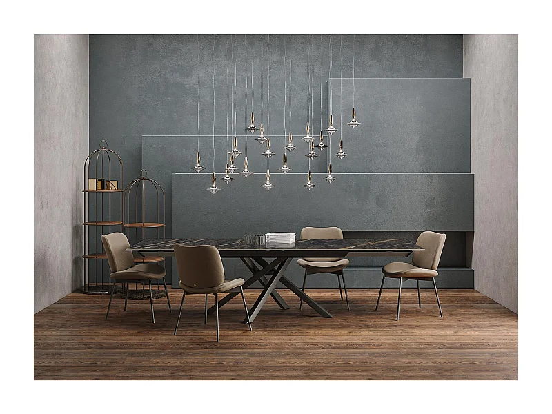 Table extensible tournante - gris charbon, rectangulaire avec bord régulier, dessus en porcelaine portoro brillante