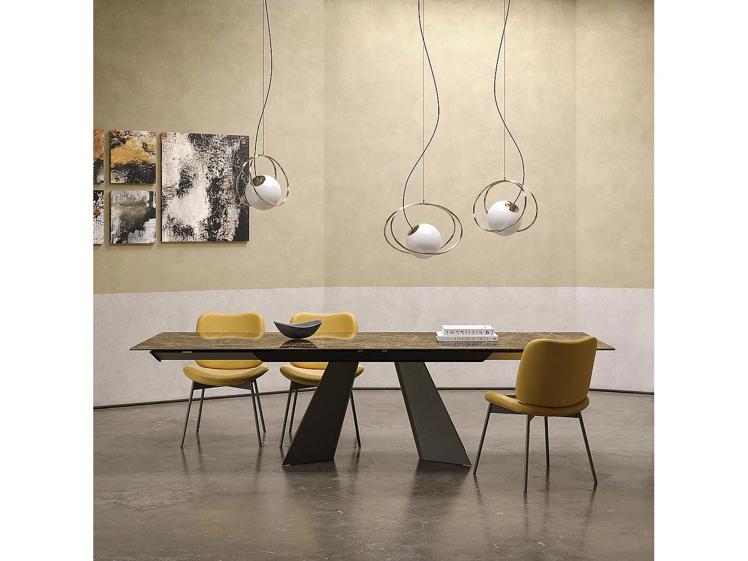 Table jumelée extensible - gris charbon, rectangulaire avec bord régulier, plateau en porcelaine emperador