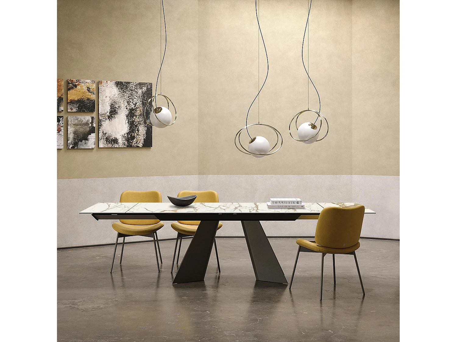 Table double extensible - gris charbon, rectangulaire avec bord régulier, plateau en porcelaine macchiavecchia mate