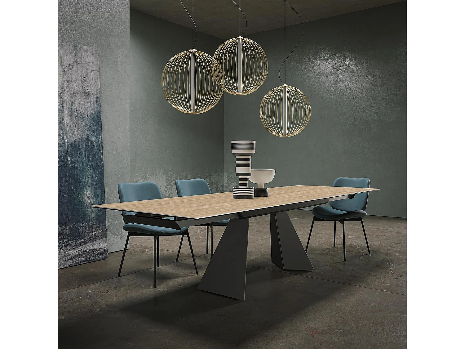 Table extensible prisma travertino - gris charbon, rectangulaire avec bord régulier, gres travertin en noyer