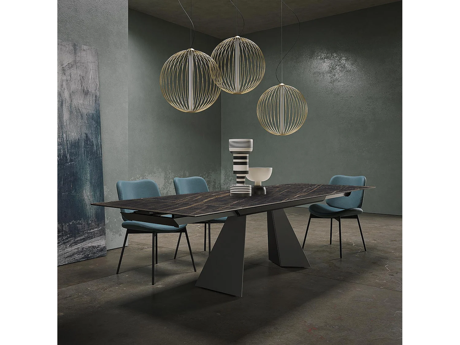 Table extensible prisma - gris charbon, rectangulaire avec bord régulier, dessus en porcelaine portoro polie