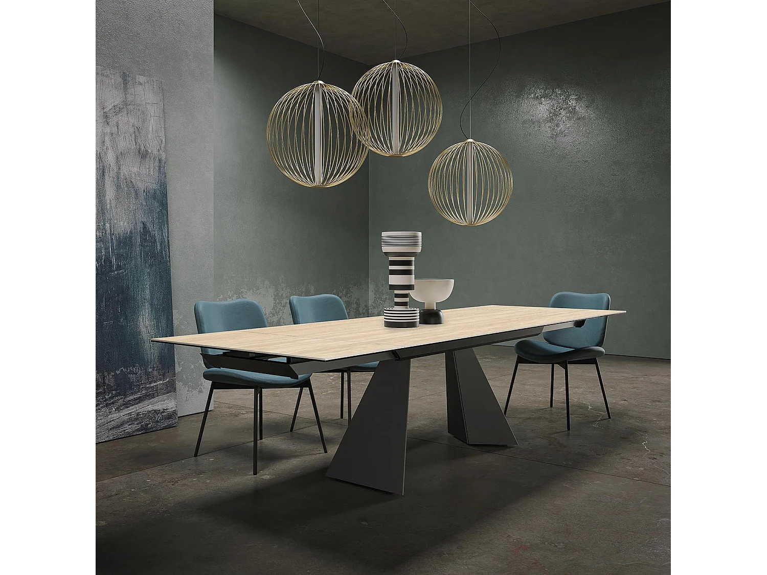 Table extensible prisma travertino - gris charbon, rectangulaire avec bordure régulière, grès travertin beige