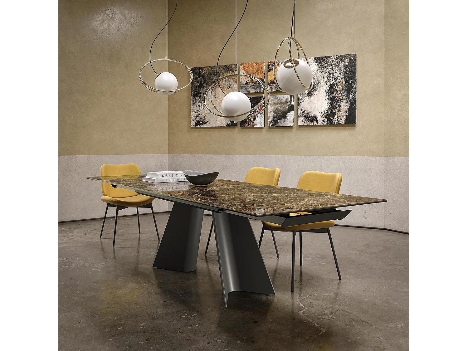 Table jumelée extensible - gris charbon, rectangulaire avec bord régulier, plateau en porcelaine emperador