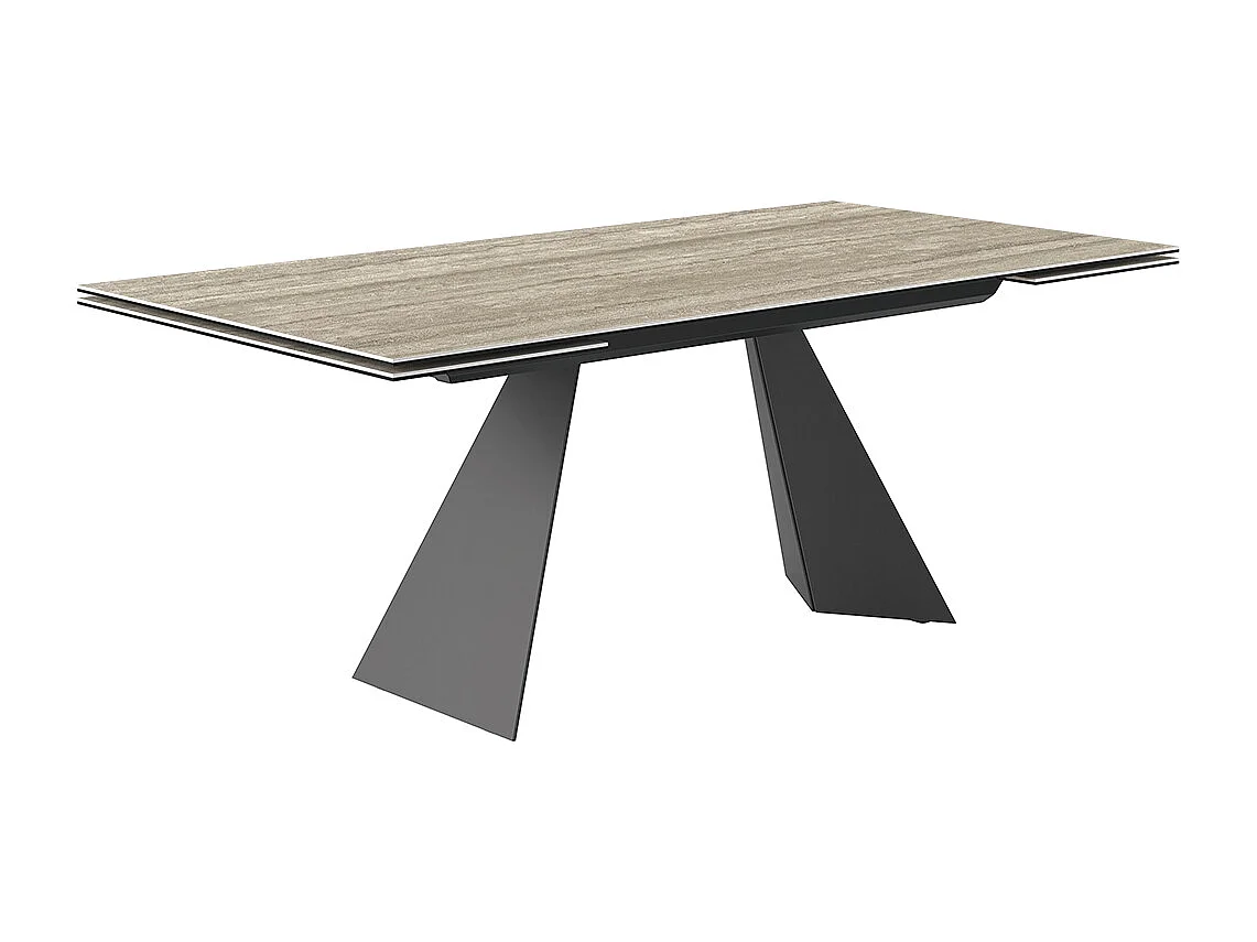 Table extensible prisma travertino - gris charbon, rectangulaire avec bord régulier, grès en travertin argenté