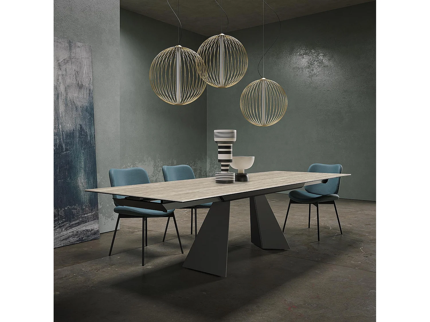 Table extensible prisma travertino - gris charbon, rectangulaire avec bord régulier, grès en travertin argenté