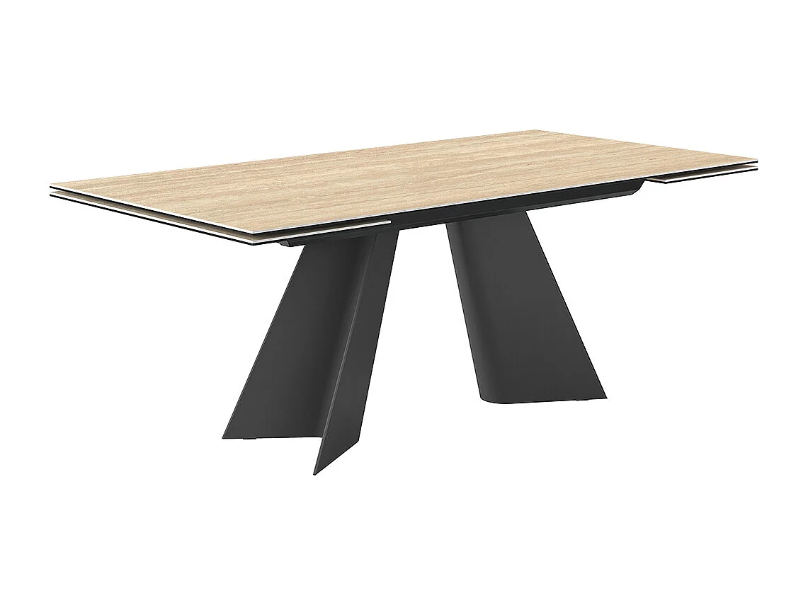 Table double travertin extensible - gris charbon, rectangulaire avec bord régulier, grès travertin beige