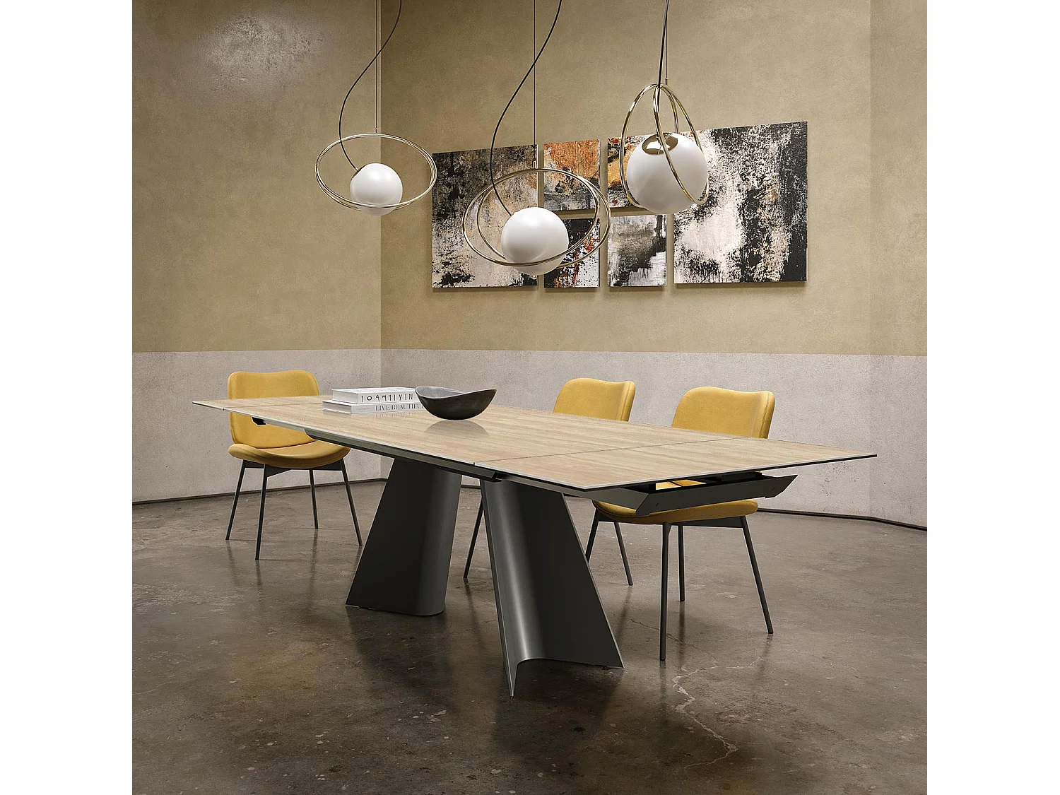 Table double travertin extensible - gris charbon, rectangulaire avec bord régulier, grès travertin beige