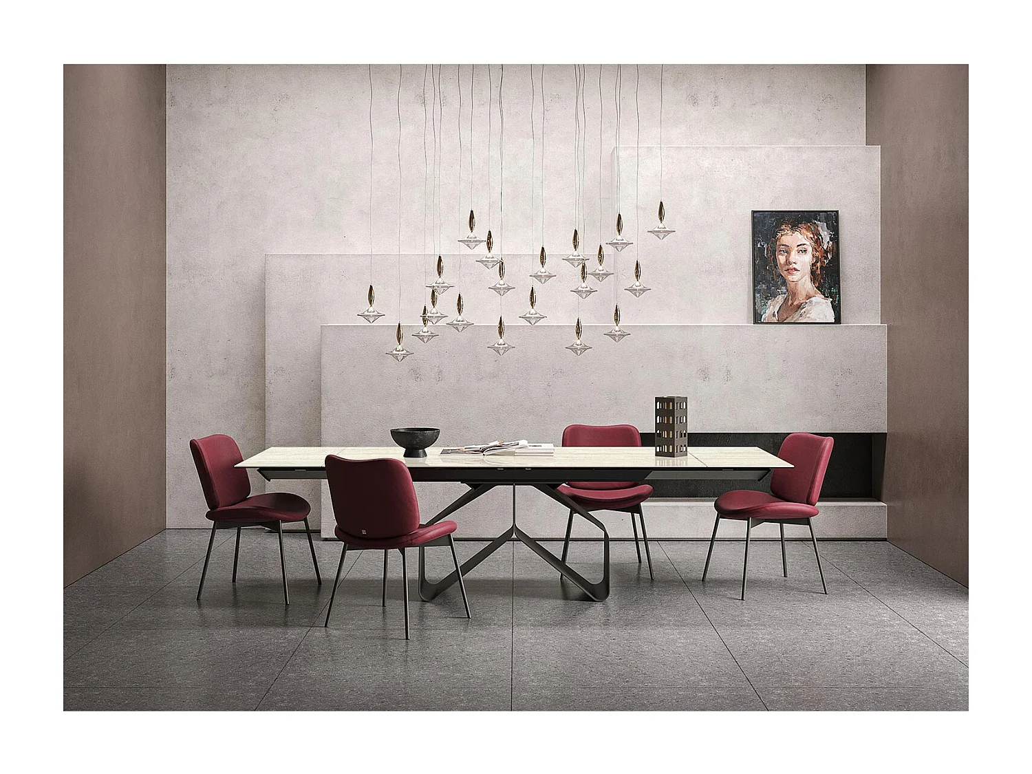 Travertijnlint uitschuifbare tafel - antracietgrijs, rechthoekige regelmatige rand, wit travertijn steengoed