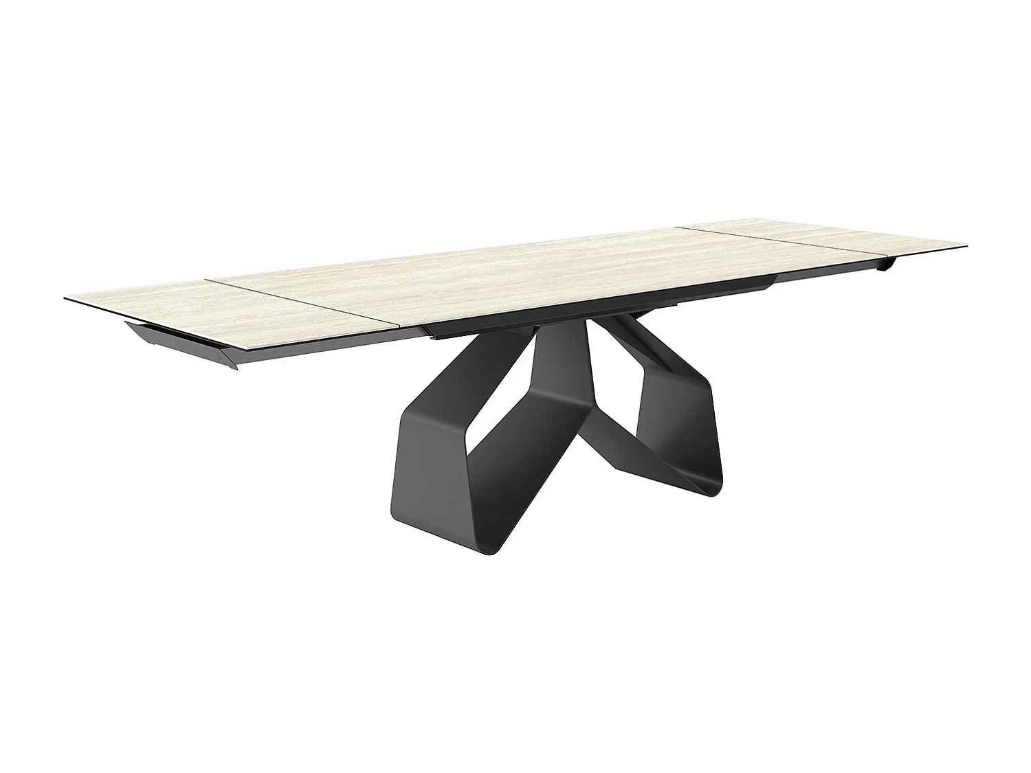 Travertijnlint uitschuifbare tafel - antracietgrijs, rechthoekige regelmatige rand, wit travertijn steengoed