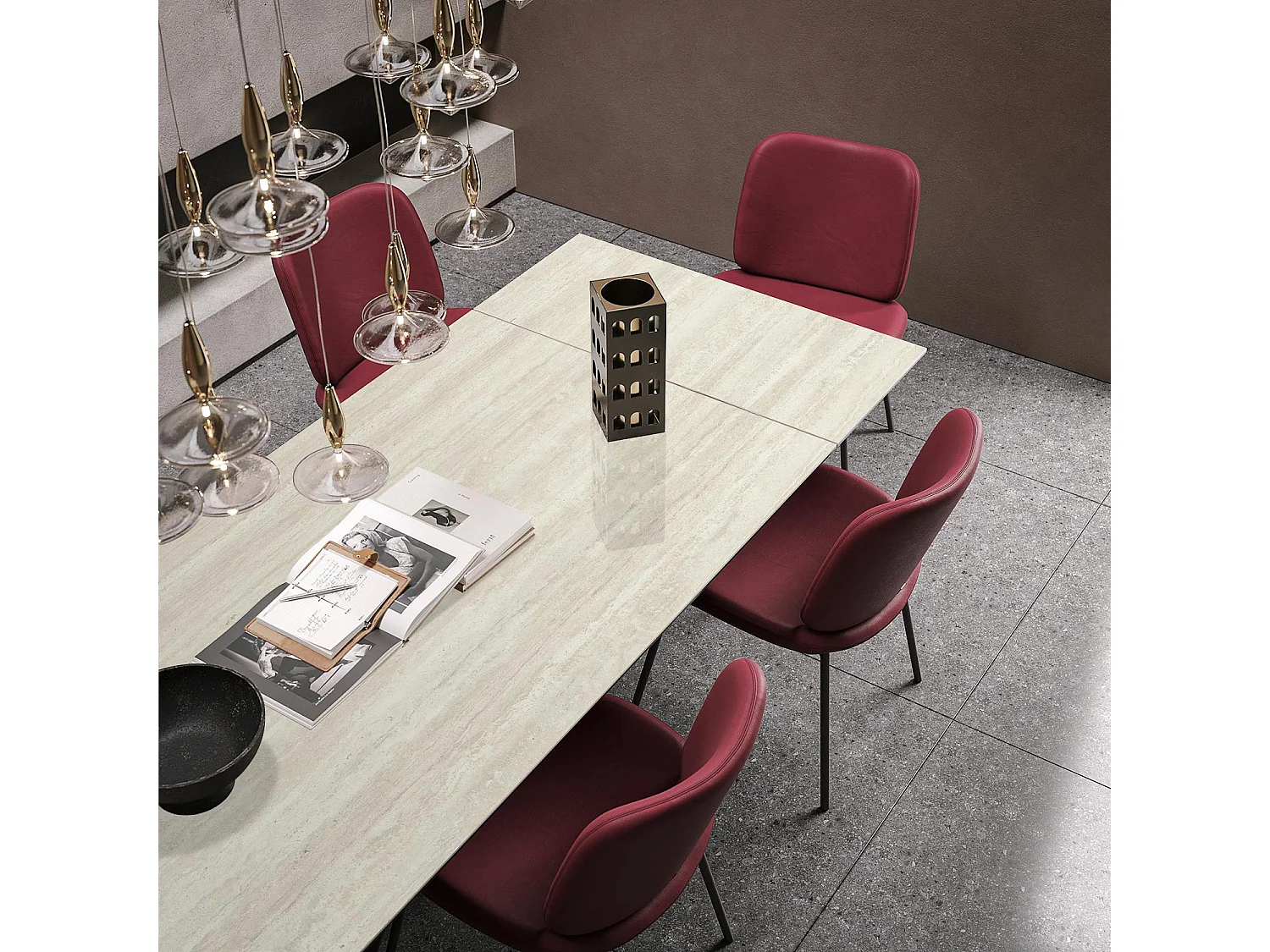 Travertijnlint uitschuifbare tafel - antracietgrijs, rechthoekige regelmatige rand, wit travertijn steengoed