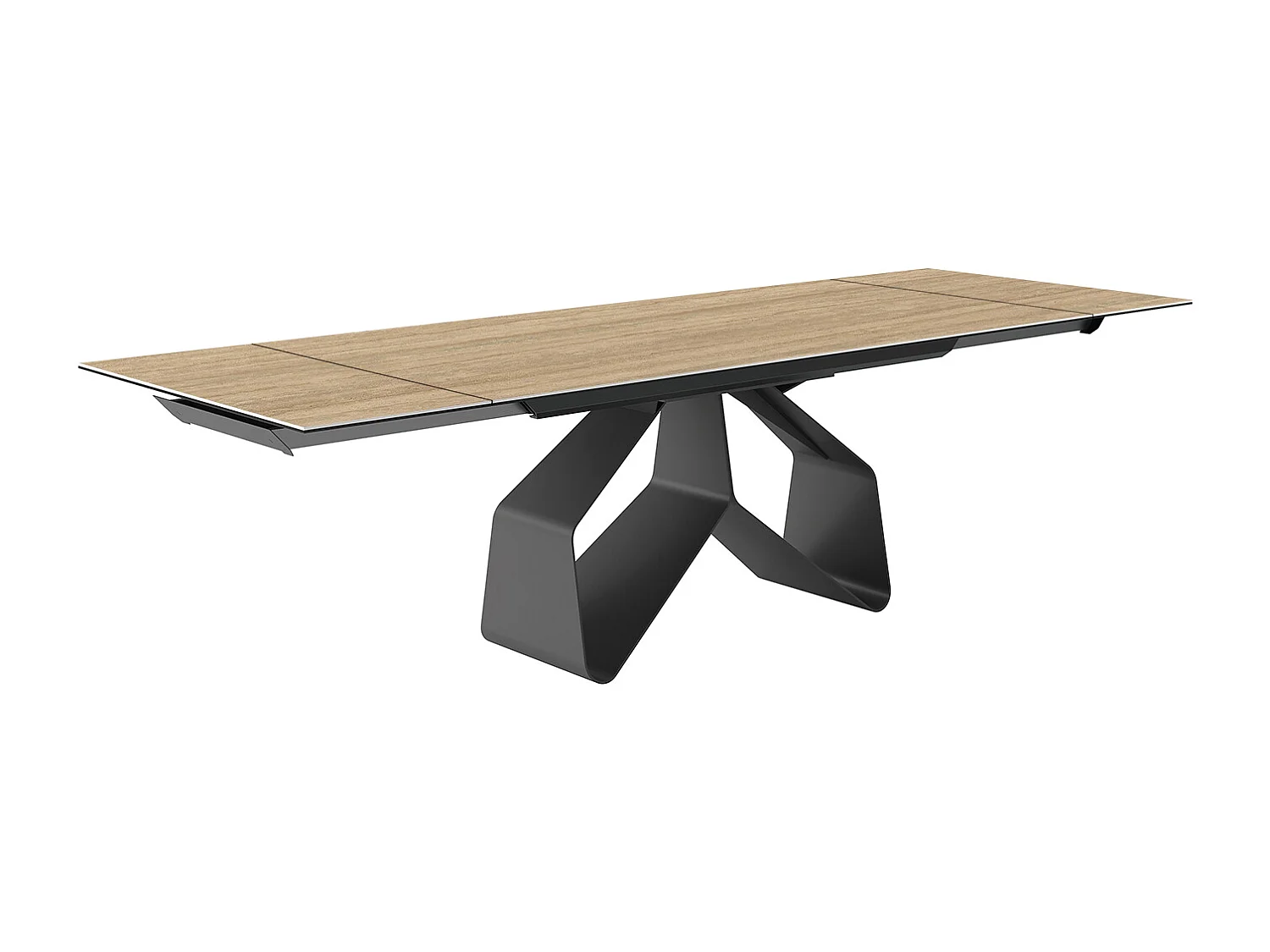 Table extensible en travertin ruban - gris charbon, bord régulier rectangulaire, grès travertin en noyer