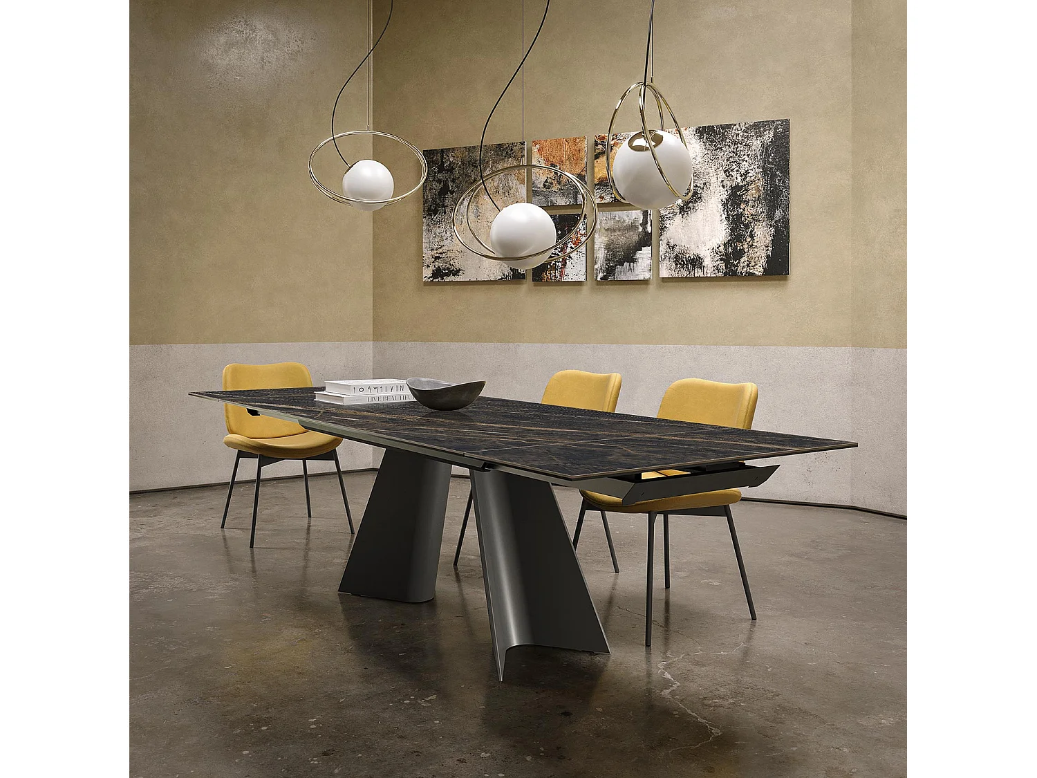 Table double extensible - gris charbon, rectangulaire avec bord régulier, dessus en porcelaine portoro brillant