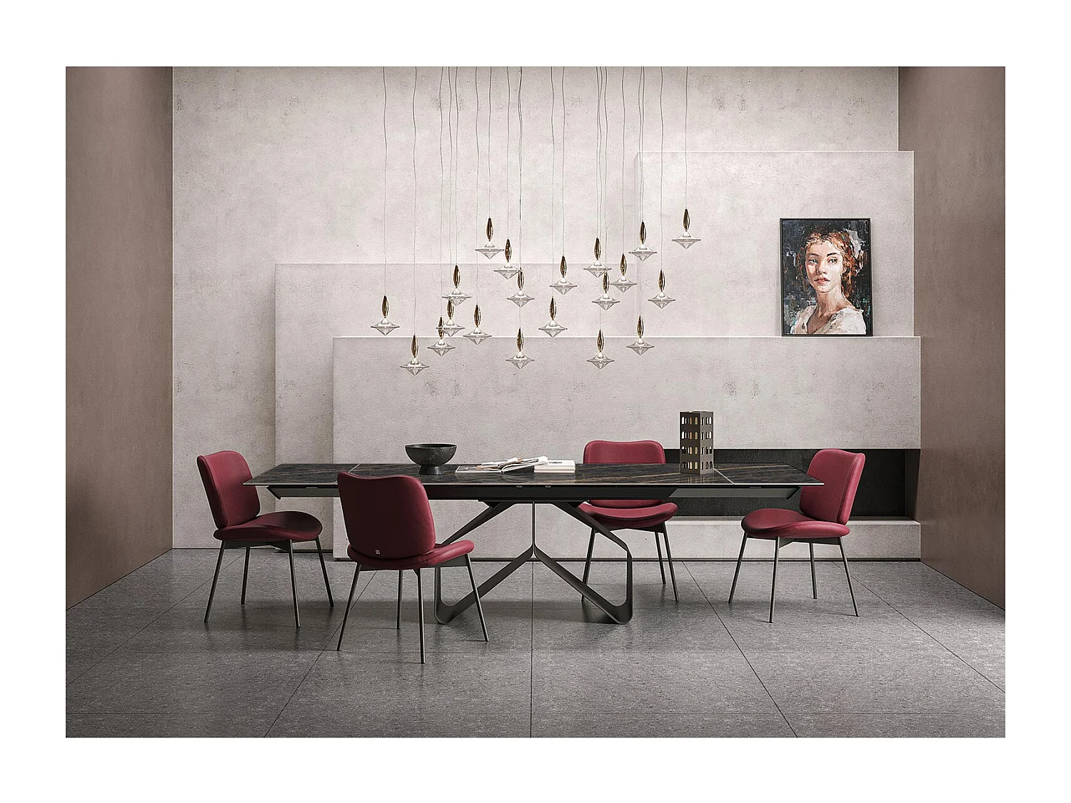 Table extensible à ruban - gris charbon, rectangulaire avec bord régulier, dessus en porcelaine portoro polie