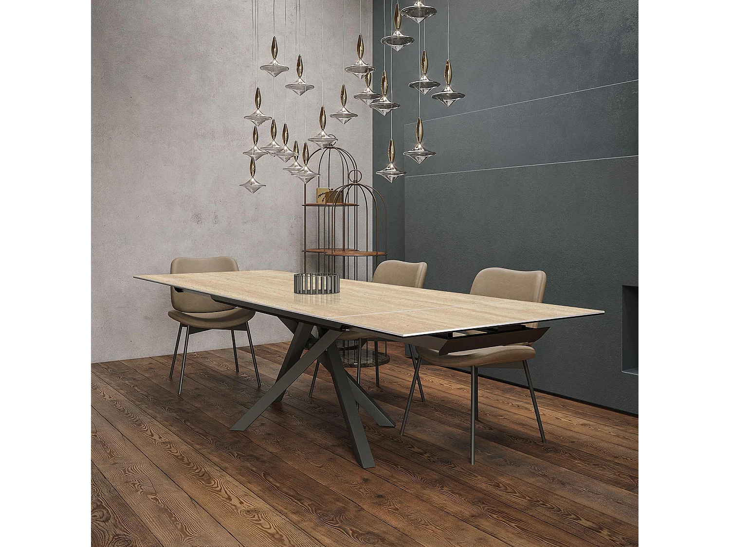 Travertino à table extensible - gris charbon, bord régulier rectangulaire, grès beige travertin