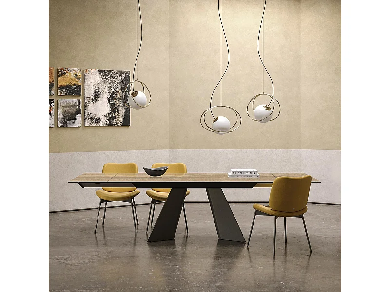 Table double travertin extensible - gris charbon, rectangulaire avec bord régulier, grès travertin en noyer