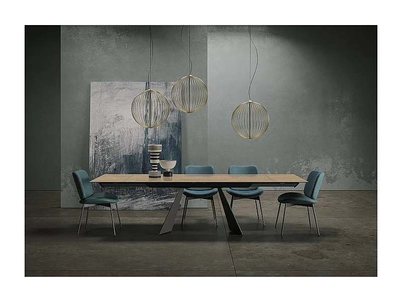 Table extensible prisma travertino - gris charbon, rectangulaire avec bord régulier, gres travertin en noyer