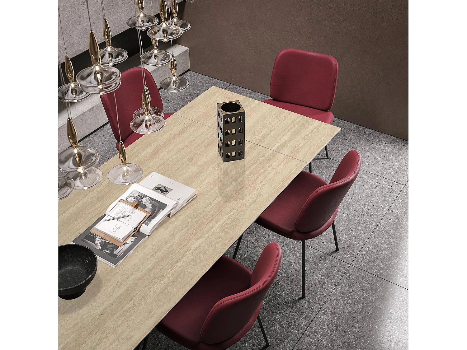 Uitschuifbare lint travertijntafel - antracietgrijs, rechthoekige regelmatige rand, beige travertijn steengoed