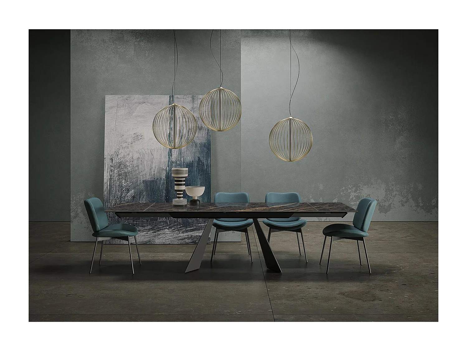 Table extensible prisma - gris charbon, rectangulaire avec bord régulier, dessus en porcelaine portoro polie