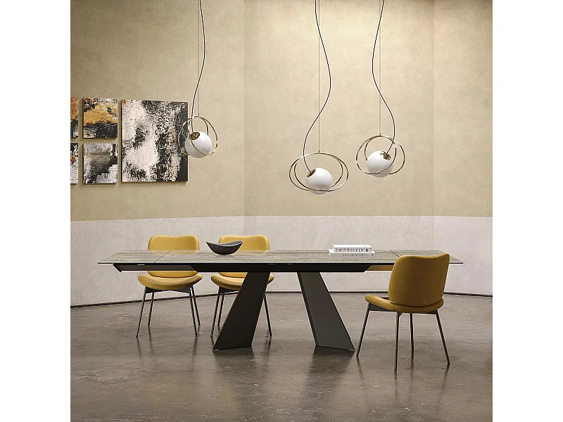 Table double travertin extensible - gris charbon, rectangulaire avec bord régulier, grès travertin argenté