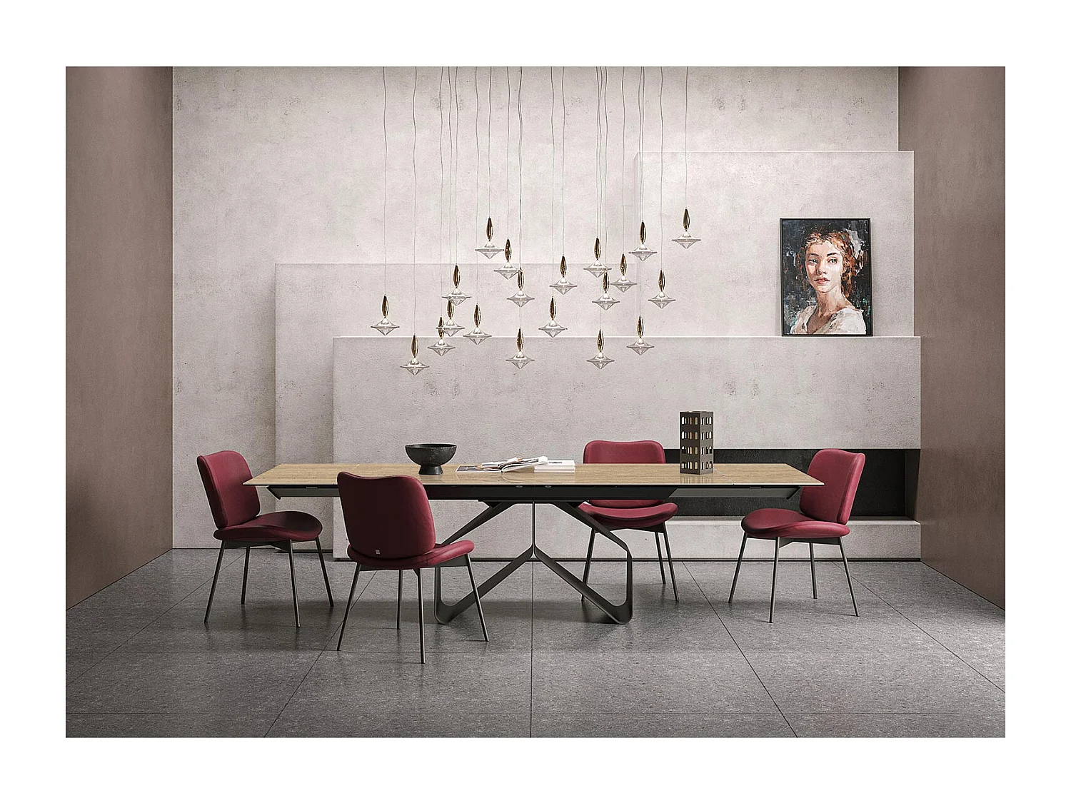 Table extensible en travertin ruban - gris charbon, bord régulier rectangulaire, grès travertin en noyer