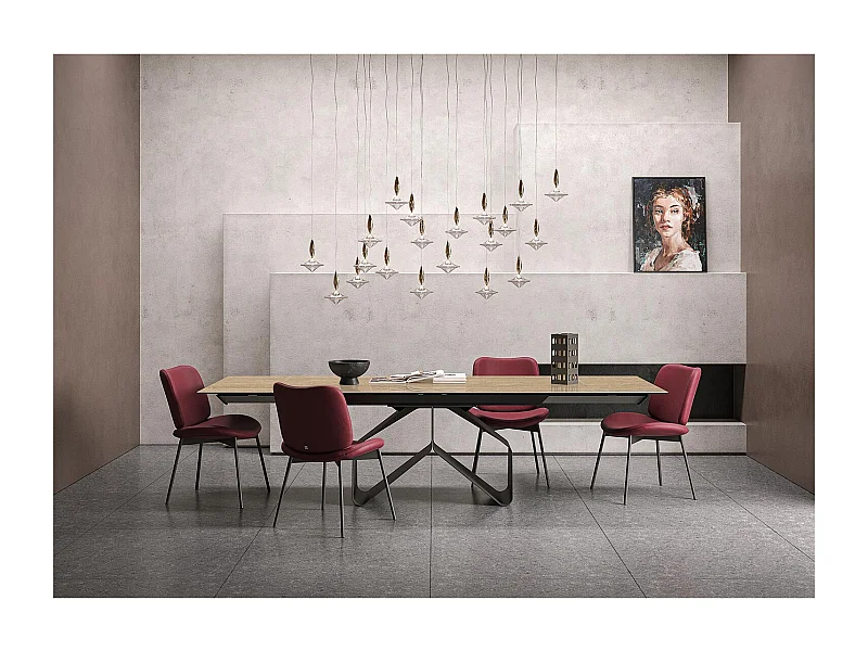 Table extensible en travertin ruban - gris charbon, bord régulier rectangulaire, grès travertin en noyer