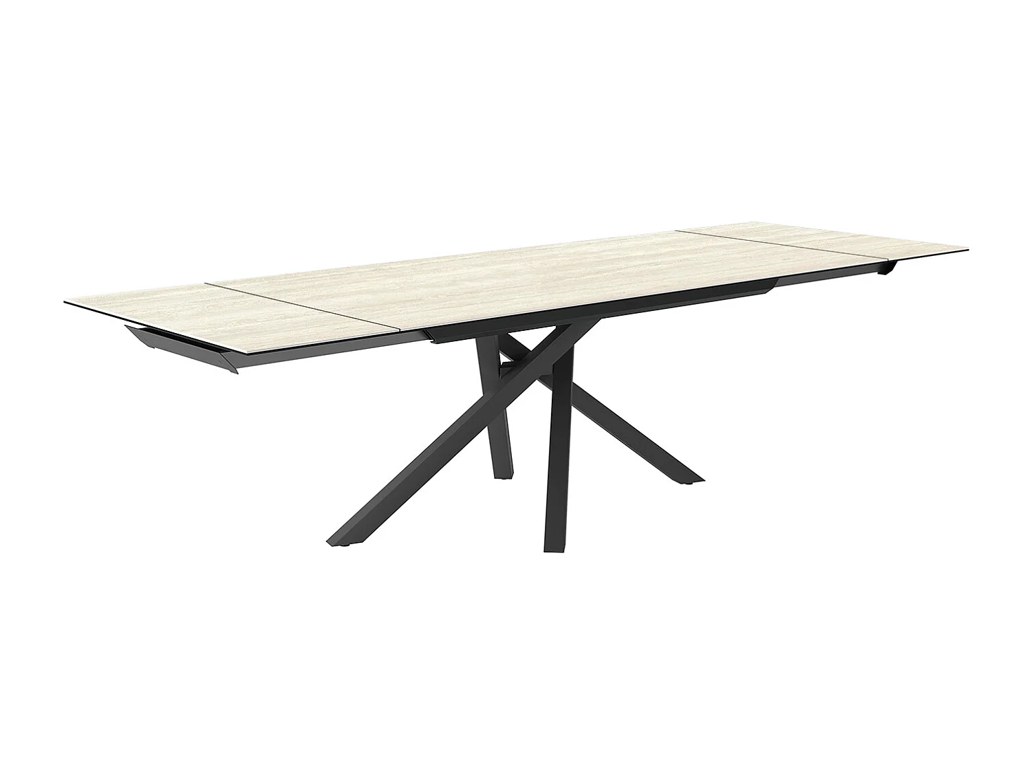 Table extensible en travertin tournant - gris charbon, rectangulaire avec bord régulier, grès travertin blanc