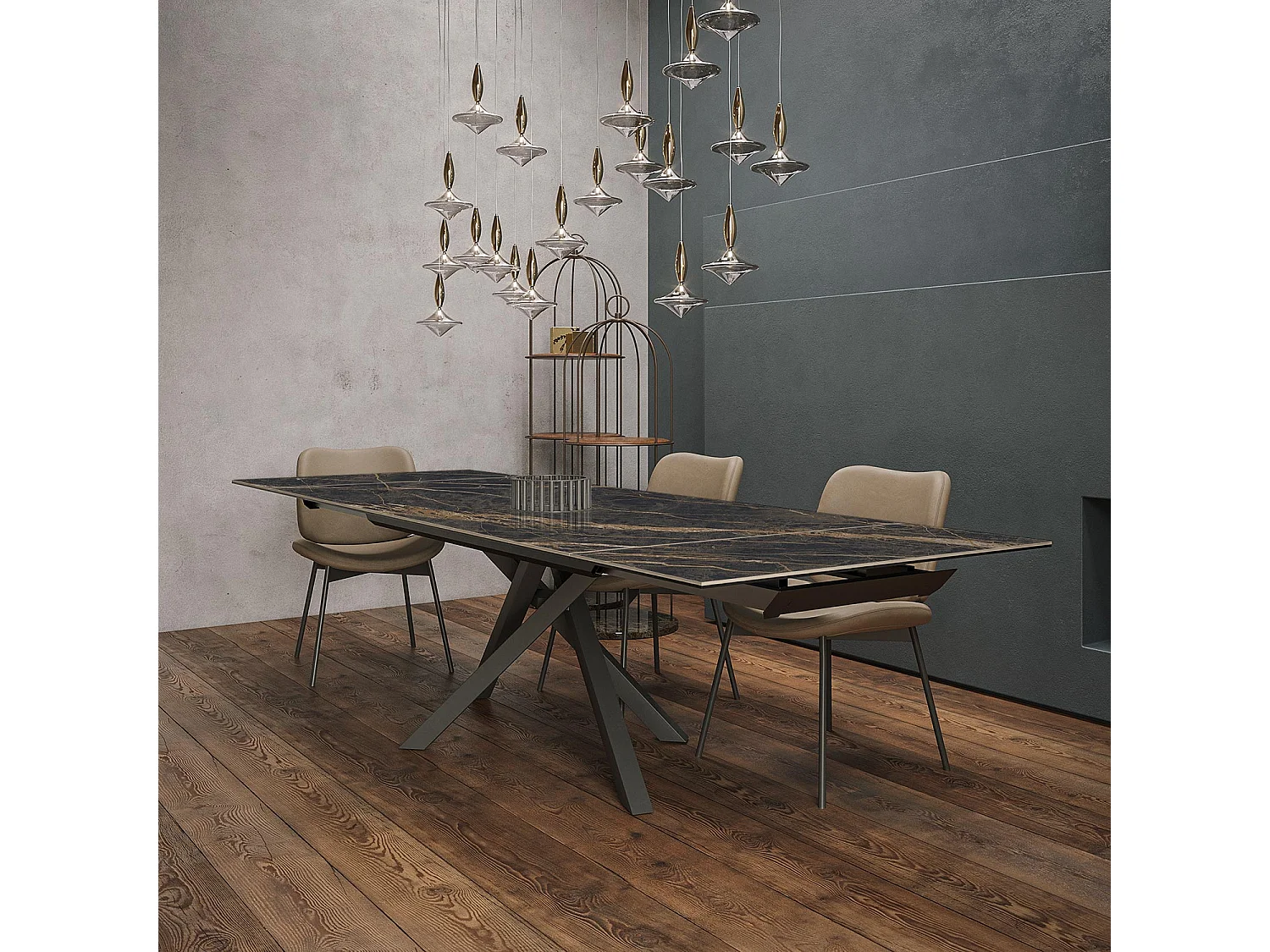 Table extensible tournante - gris charbon, rectangulaire avec bord régulier, dessus en porcelaine portoro brillante