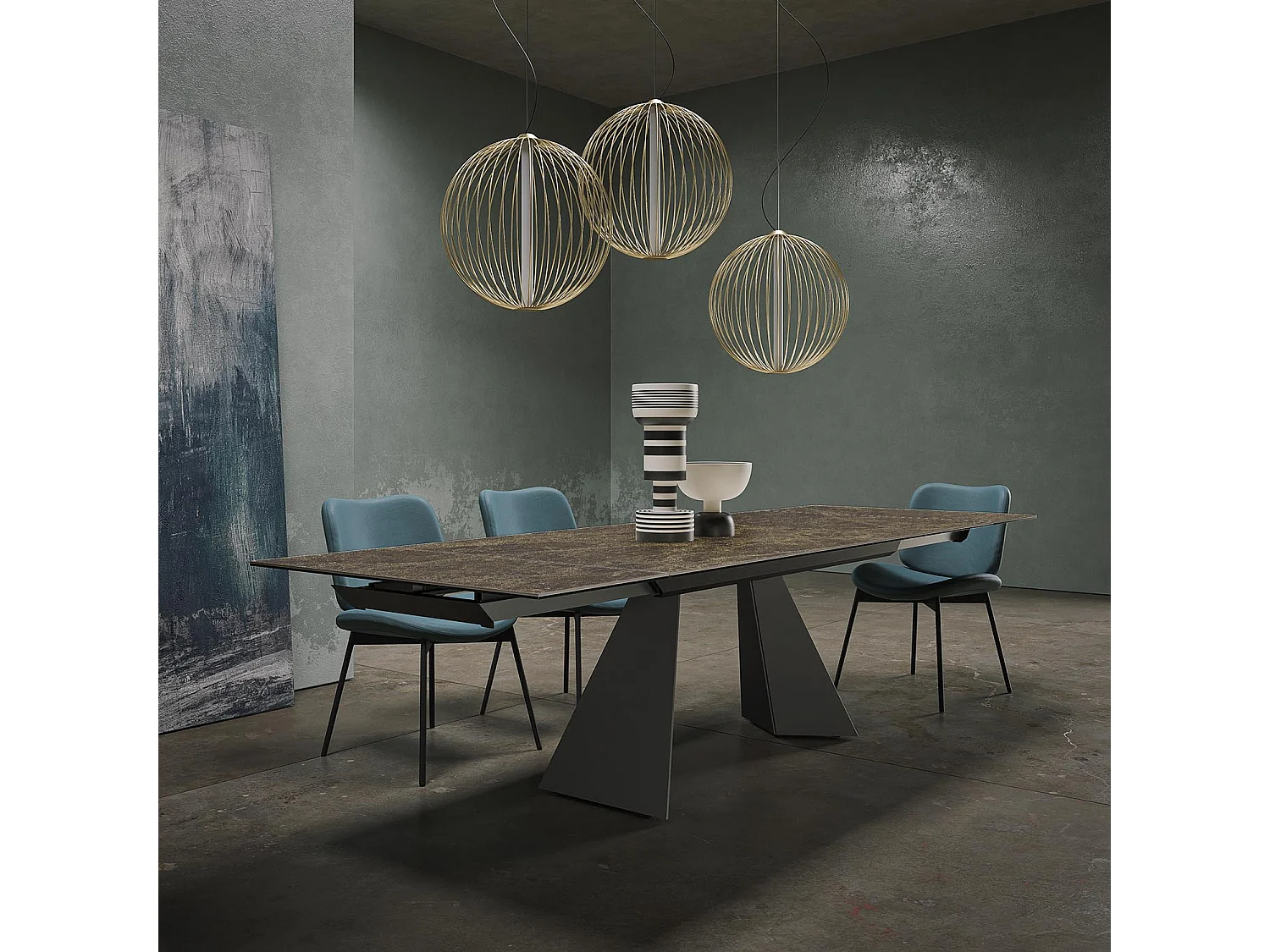 Table extensible prisma - gris charbon, rectangulaire avec bord régulier, plateau en porcelaine emperador