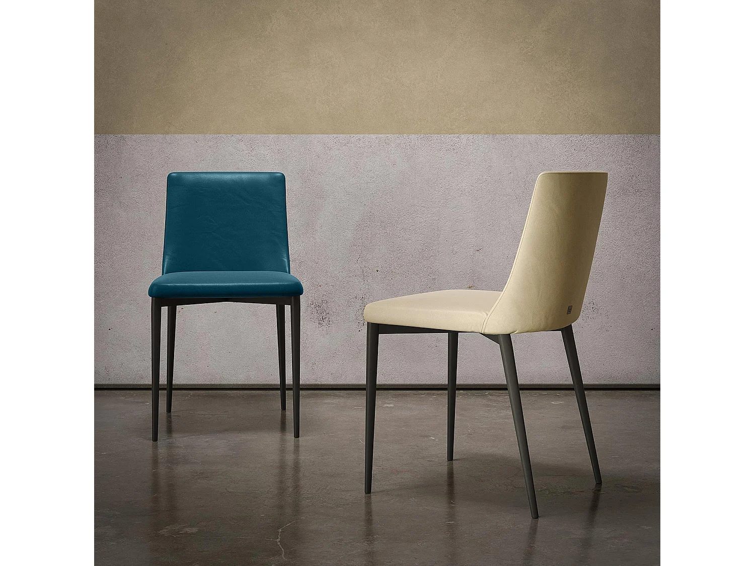 Set van 2 stoelen met antracietgrijs gebaar in tealblauw leer