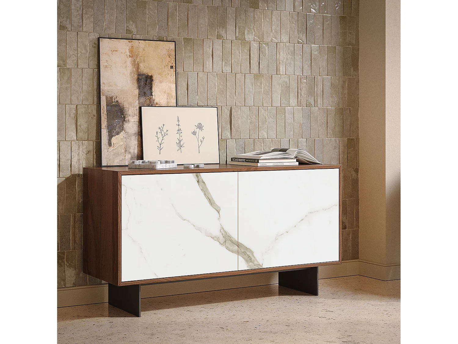 Buffet aurea 2 portes - structure en noyer canaletto, gris charbon, porte en verre imprimé calcatta