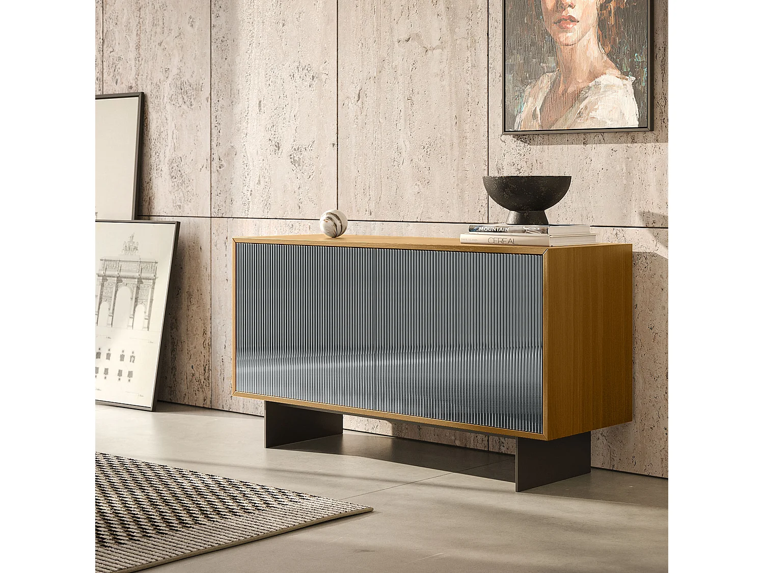 Buffet vesira cannete 2 portes - structure en chêne foncé, gris anthracite, porte miroir fumé