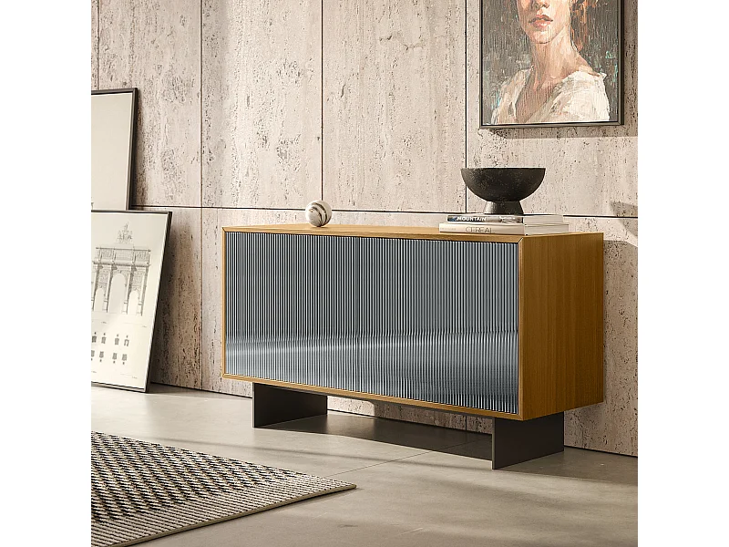 Vesira Cannete dressoir met 2 deuren - donker eikenhouten constructie, antracietgrijs, door met rookspiegel