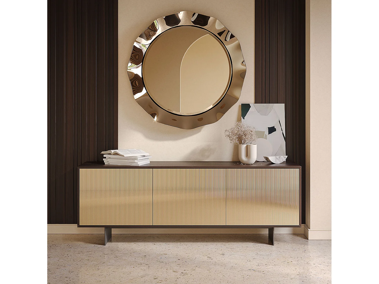 Buffet vesira cannete 3 portes - structure en chêne foncé, gris charbon, porte miroir bronzée