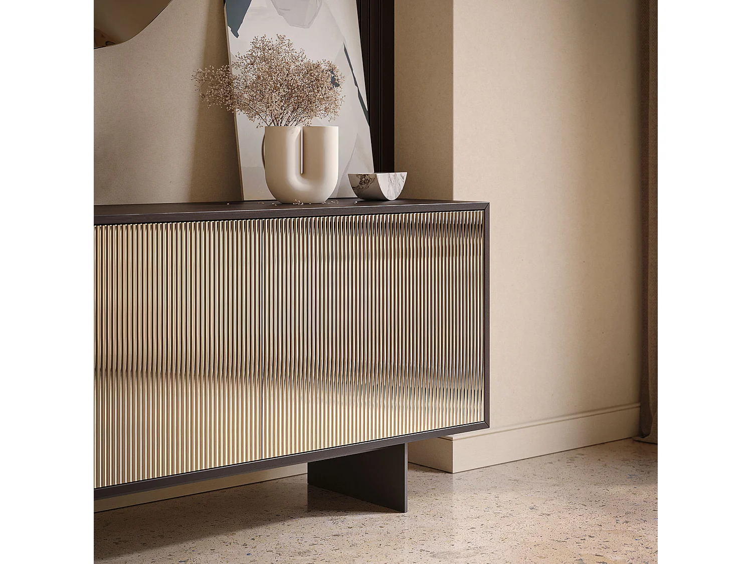 Buffet vesira cannete 3 portes - structure en chêne foncé, gris charbon, porte miroir bronzée