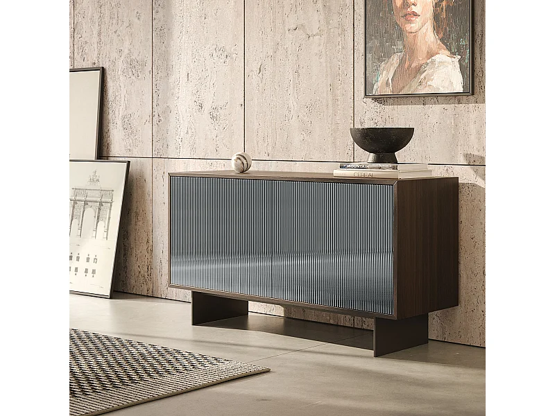 Vesira cannete dressoir met 2 deuren - natuurlijke eikenhouten constructie, antracietgrijs, deur met rookspiegel