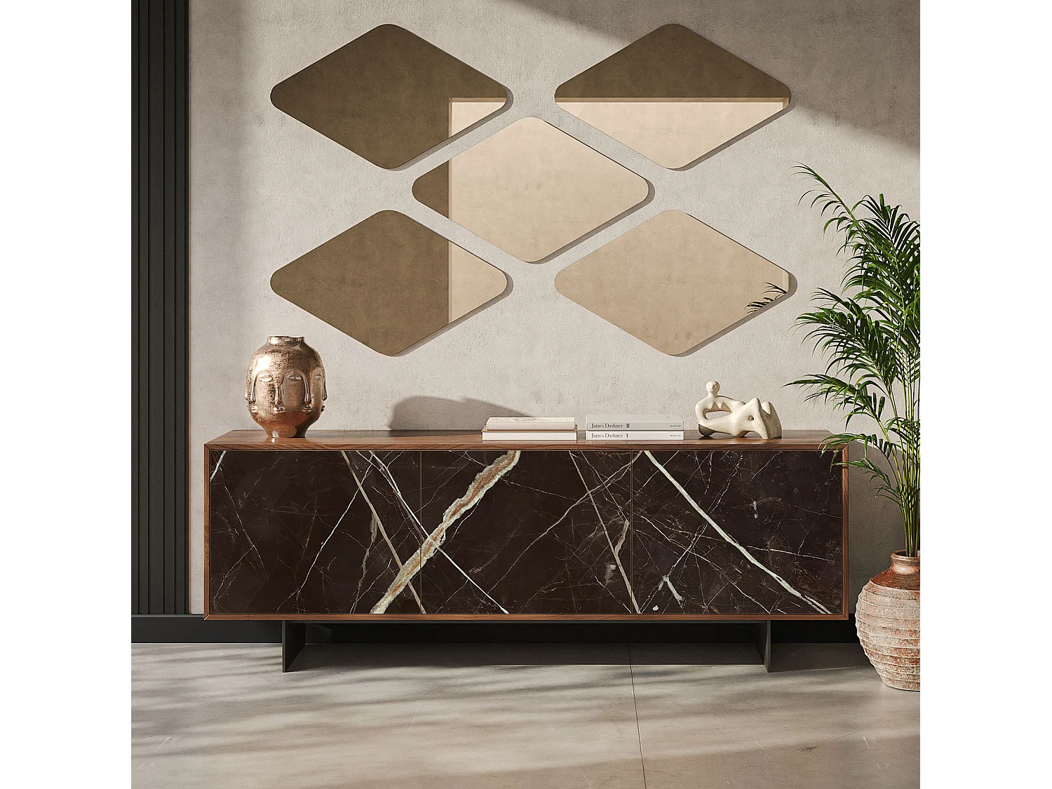 Aurea 3-deurs dressoir - Canaletto walnoot constructie, houtskoolgrijs, calcatta zwarte glazen deur met bedrukt glas