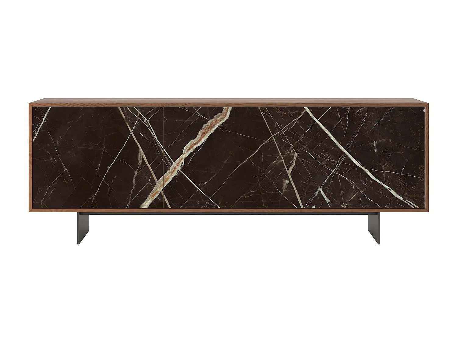 Aurea 3-deurs dressoir - Canaletto walnoot constructie, houtskoolgrijs, calcatta zwarte glazen deur met bedrukt glas